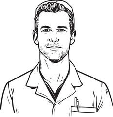 Fototapeta premium Hand Drawn Man as Nurse Black and White Avatar Illustration in Minimal Line Art Style Design