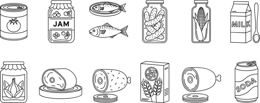 Pantry and grocery icon set featuring canned goods jam jars milk fish and meat products in black line art style for retail design