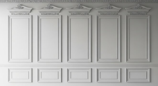 Close up of ornate white wall paneling with decorative molding