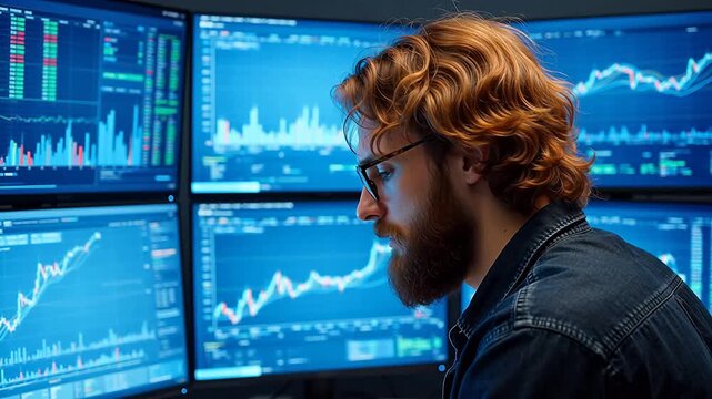 Man analyzing financial data on multiple screens