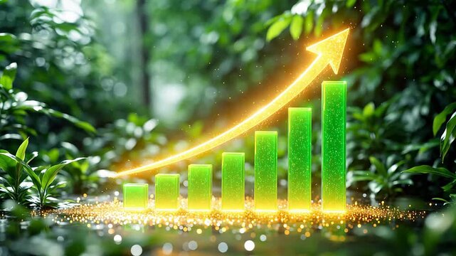 Green bar chart with upward arrow in forest