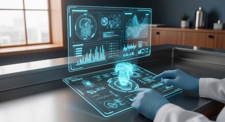 Fototapeta premium Medical professional interacting with futuristic holographic interface displaying data