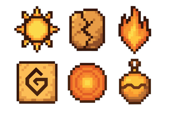 Various pixel art game icons featuring a sun, cracked shield, fire, letter G block, glowing orb, and a potion bottle, designed in a classic retro video game style.