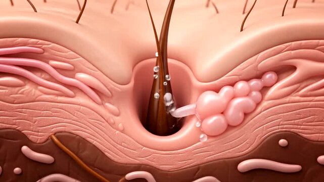 Detailed cross-section of human skin with acne and hair follicle.