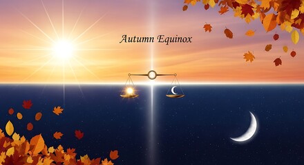Autumn Equinox conceptual illustration, seasonal balance of day and night with sun and moon, fall landscape with orange maple leaves and sunset sky