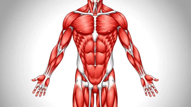 Detailed anatomical illustration of human muscular system.