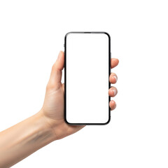 Hand holding a modern smartphone with a blank white screen isolated on a transparent background 1