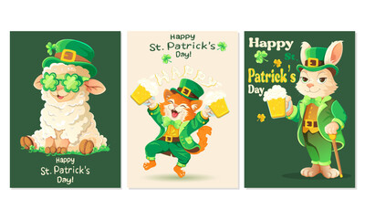 Fototapeta premium St. Patrick’s Day poster set with cute sheep, fox and rabbit in leprechaun costumes holding beer mugs cartoon vector illustration