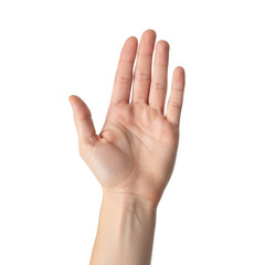 Human hand raised with palm facing forward isolated on a transparent background
