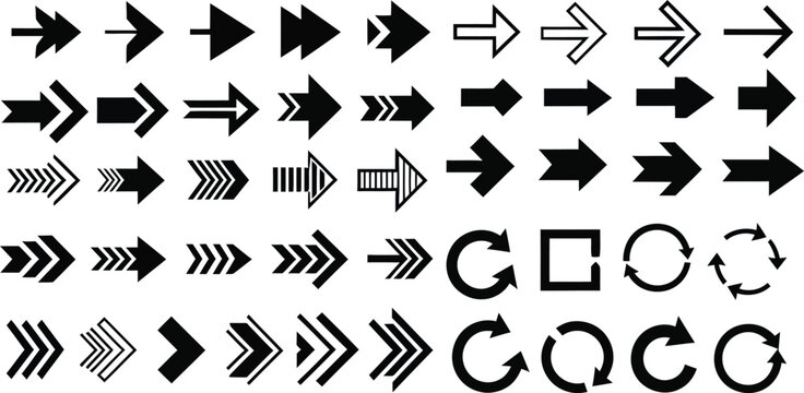 Collection of various black arrow icons on white background