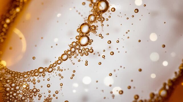 Close up of sparkling bubbles in golden carbonated drink with blurred light reflections