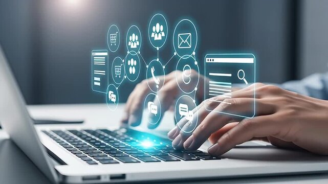 Internet connectivity and online networking concepts visualized through a laptop keyboard with glowing digital icons