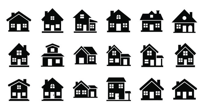 Collection of simple black house icons arranged in a grid silhouette