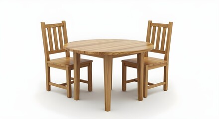 A round wooden table and 2 wooden chairs around it on a white background