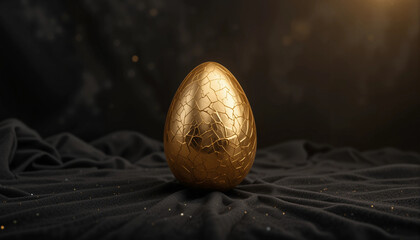 Fototapeta premium Golden egg with a cracked surface resting on a dark textured fabric, illuminated by soft light creating a dramatic and elegant atmosphere