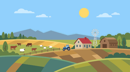 Naklejka premium Minimal farm landscape vector design featuring silhouetted animals standing in grass