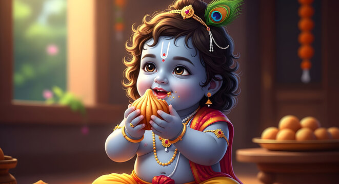 Cute Little Krishna Eating Modak Sweet, Hindu God Bal Gopal Digital Illustration
