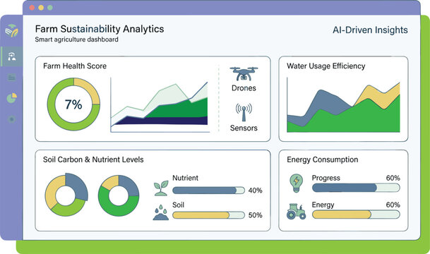 Smart agriculture sustainability analytics dashboard interface showing farm health sensors drone insights water efficiency and energy monitoring