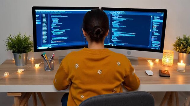 Person working on computer with dual monitors