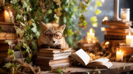 Fototapeta premium Magical Fox Wearing Round Glasses Seated Among Stacks of Books and Candles