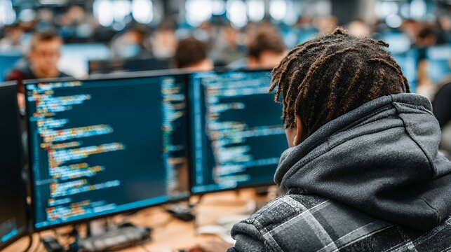 Young developer working on code in busy office with dual monitors