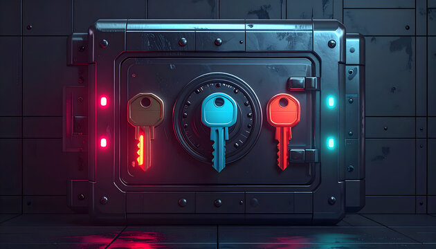 A secure safe with three keys and neon lights in a dark industrial setting