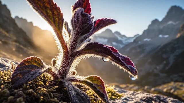Close-up of a hardy mountain plant with dew drops at sunrise.