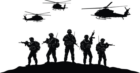 Military soldiers silhouette, armed forces, tactical gear, helicopters formation, battlefield scene, defense strategy, combat readiness, war operation illustration, army vector, flavector © MSTMASUMA