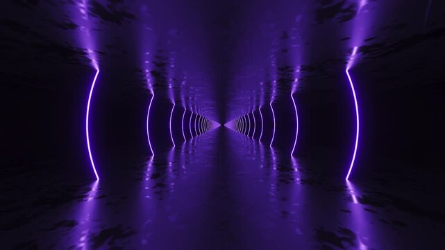 Purple neon lights in abstract 3d rendered tunnel. Light corridor in dark space with reflections