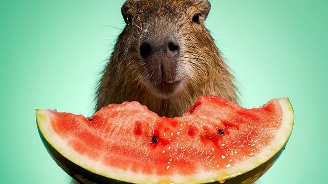 A cute capybara eating a slice of watermelon, presented on a green background. Perfect for advertising, food blogs, and educational materials.
