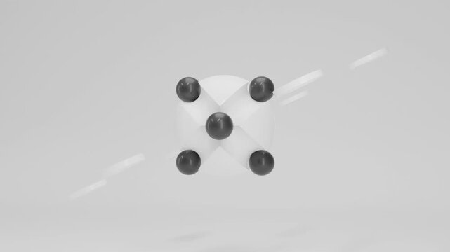 Abstract 3D Background with White Coins Rotating Around Grooved White Sphere While Black Balls Roll Through Curved Tracks on Clean White Surface Minimal Geometric Motion Render for Creative Design and
