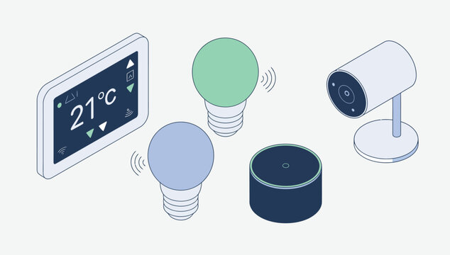 Smart home devices collection: thermostat, light bulbs, camera, and smart speaker.