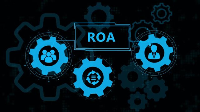 Smart business growth indicator concept with ROA text and interconnected gear business icons.