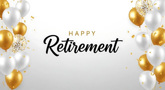 Happy retirement celebration with golden and white balloons