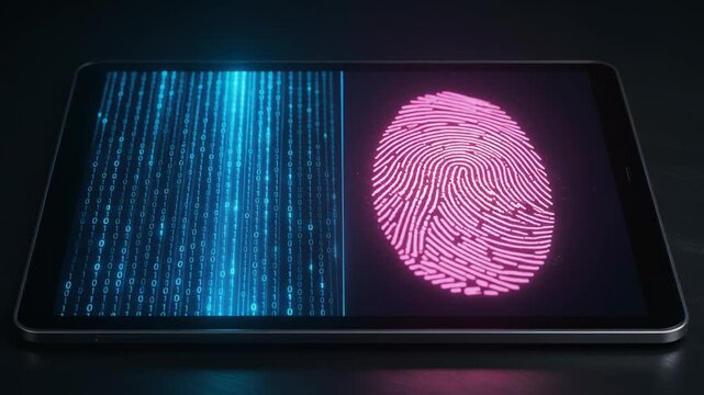 A digital tablet displays binary code and a glowing fingerprint for secure identification, symbolizing advanced digital security, data protection and biometric authentication processes in a technology