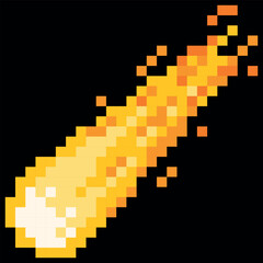 A pixelated flying fiery meteorite or comet with a flaming tail, 8-bit. © sabelskaya