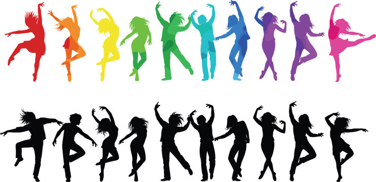 Colorful dancing people silhouettes collection, energetic women dance poses in rainbow colors, party celebration characters isolated on white background
