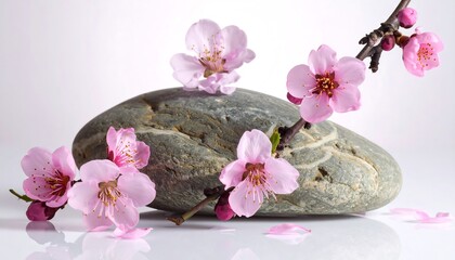 Pink blossoms adorn a smooth gray river stone, petals scattered on a reflective surface, creating peaceful zen scene