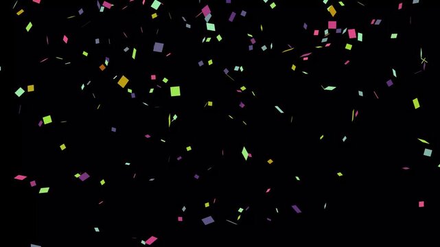 colorful fairy unicorn confetti rain glowing confetti rain effect overlay alpha channel. birthday party and anniversary celebration social media overlay on black screen background