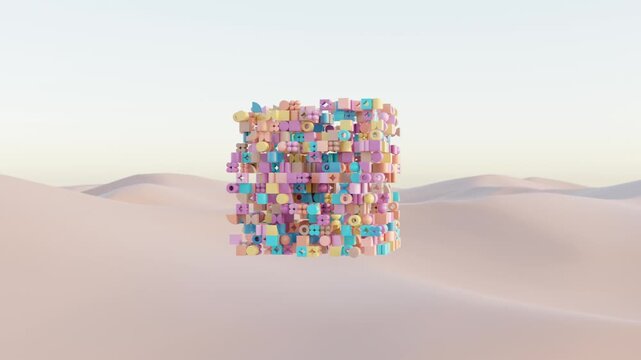 Abstract 3D Desert Landscape Composition of Multicolored Geometric Elements Forming a Cubic Structure in Sandy Environment Surreal Modern Background for Creative Branding Visualization and Digital Art