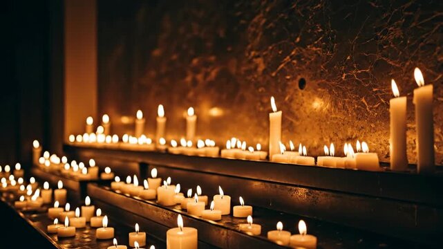 Warm ambiance of numerous lit candles on wooden pews in dimly lit space