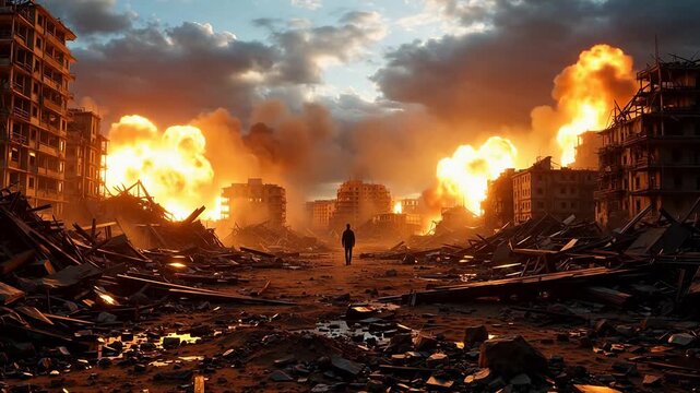 Destruction of urban area with explosions