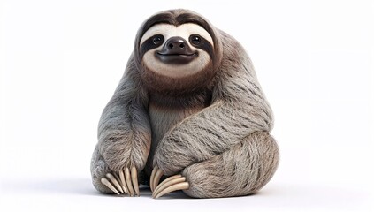 Fototapeta premium A smiling sloth sits curled up with feet together, showcasing its soft fur texture in a serene and adorable scene universal upscale