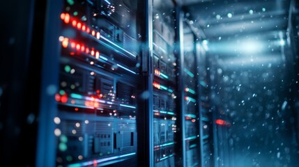 Obraz premium Dark Server Room Scene with Hailstorm Effect and Vibrant LED Lights