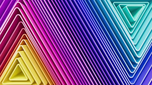 Abstract 3D animation of layered triangular shapes forming colorful gradient lines. Geometric frames move in loop. Vibrant neon spectrum background, modern 4K motion design video.