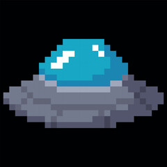 Fototapeta premium Alien spaceship, UFO spacecraft pixel art, vector cosmos shuttle, retro 8bit video game flying unidentified round saucer