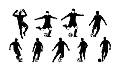 Fototapeta premium A dynamic black silhouette vector illustration of a soccer player kicking a football in mid-action. Athletic body posture with one leg extended forward striking the ball while the other leg supports t
