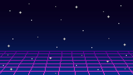Retro futuristic space video game background, purple perspective grid, vector abstract galaxy in 90s techno style © sabelskaya
