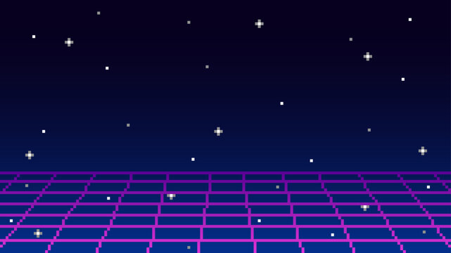 Retro futuristic space video game background, purple perspective grid, vector abstract galaxy in 90s techno style