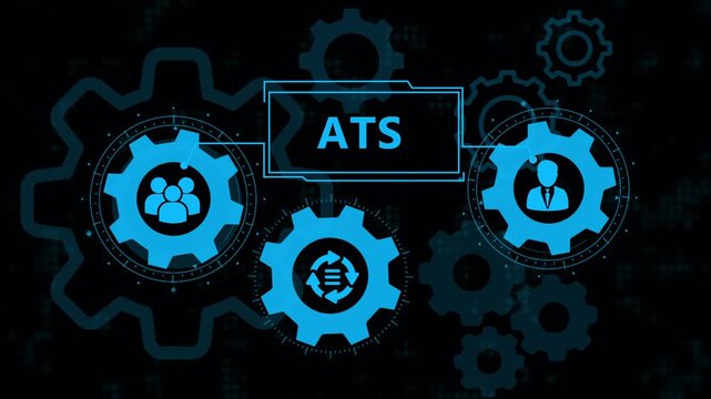 ATS Applicant Tracking System Concept for Recruitment Automation and Human Resource Management with Glowing Blue Digital Gear Icons.